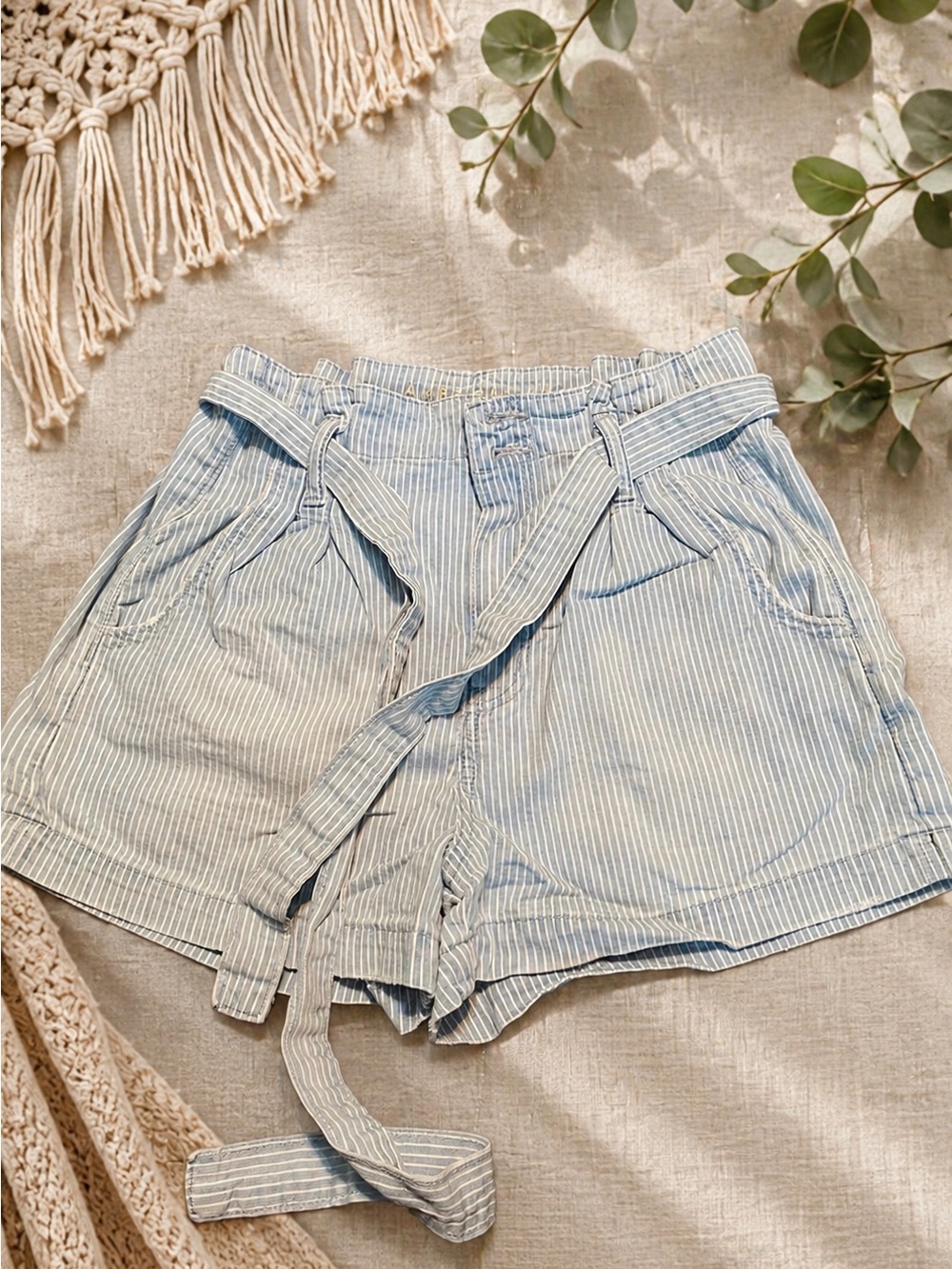 Striped Paperbag Waist Women's Shorts - Light Blue